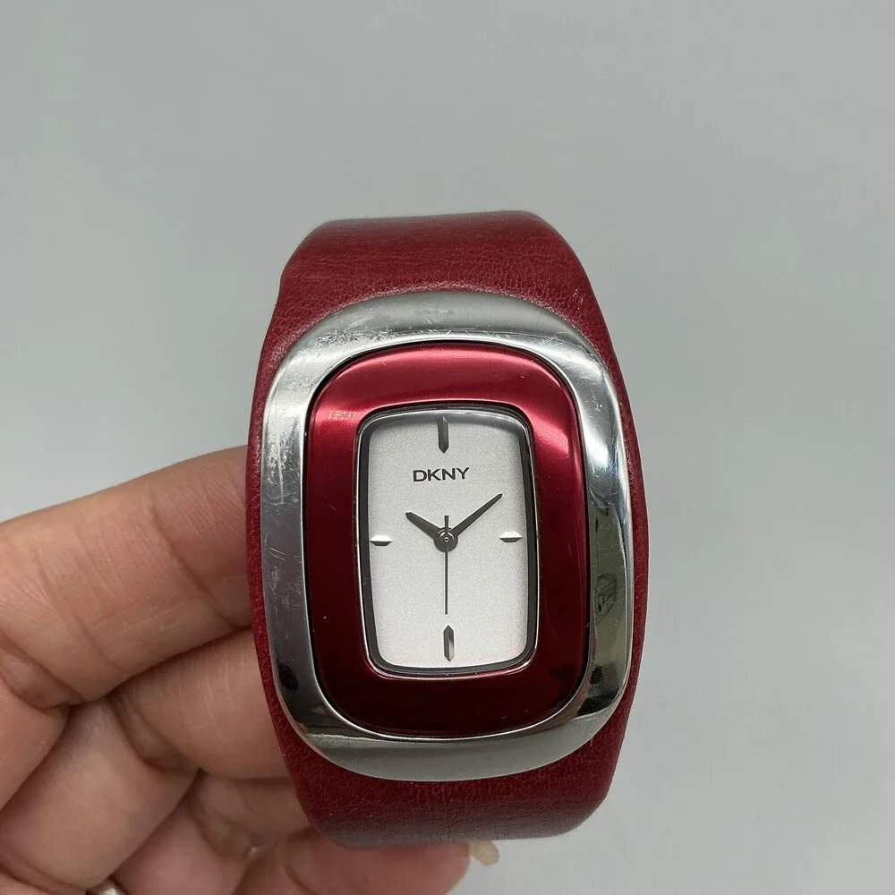 DKNY Womens Watch 33mm Silver Tone White Dial Red Leather Dress Cuff New Battery